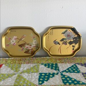 Vintage Floral and Bird Gold Decorative Trays, Elite Trays Made In England 7”x6”